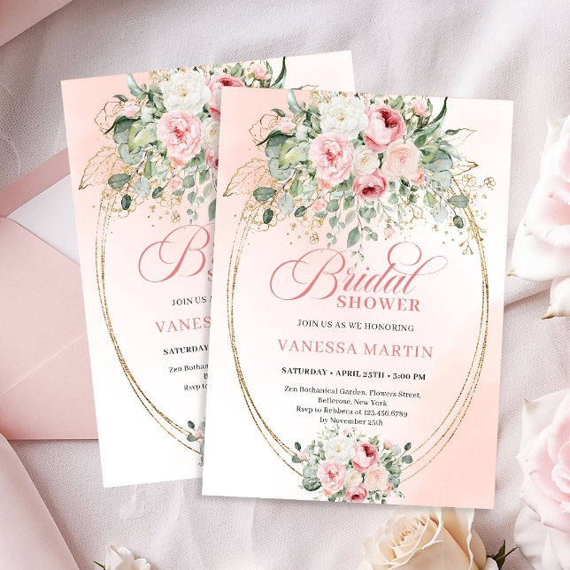 Invitación de Despedida de Soltera con Rosas Rosad (Boho Chic Blush Roses Bridal Shower Invitation)