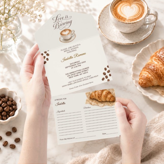 Invitación de Despedida de Soltera con Tarjeta de  (Coffee Bridal Shower Invitation & Recipe Card)