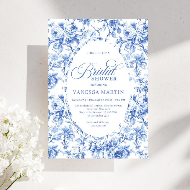 Invitación de Despedida de Soltera con Toile de Jo (Classic Navy Blue Toile Rose Bridal Shower Invitation)