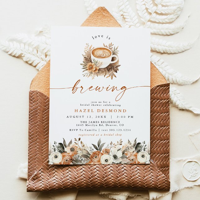 Invitación de Despedida de Soltera de Café, El Amo (Boho Fall Floral Espresso Latte Love Is Brewing Coffee Bridal Shower Invitation)