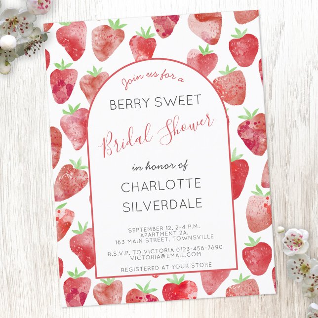 Invitación de Despedida de Soltera de Fresa (Strawberry watercolor berry sweet bridal shower personalized invitation)