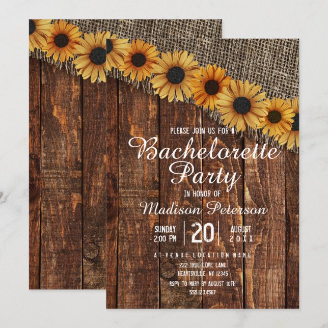 Invitación de despedida de soltera de madera rústi (Anverso / Reverso)