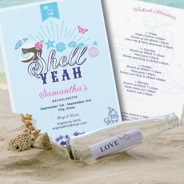 Invitación de Despedida de Soltera de Playa Algo A (Shell Yeah Hand Drawn Something Blue Beach Tropical Island Weekend Itinerary Bachelorette Invitation)