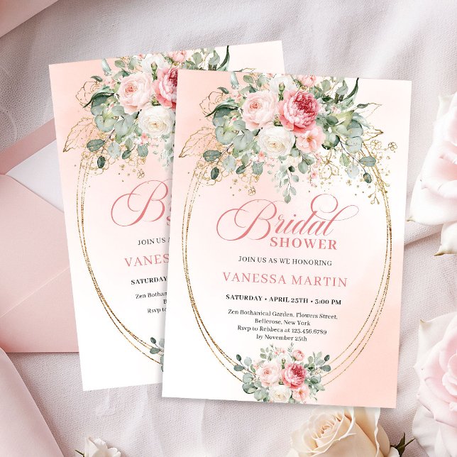 Invitación de Despedida de Soltera de Rosa Dorado  (Romantic Pale Pink Rose Gold Bridal Shower Invite)