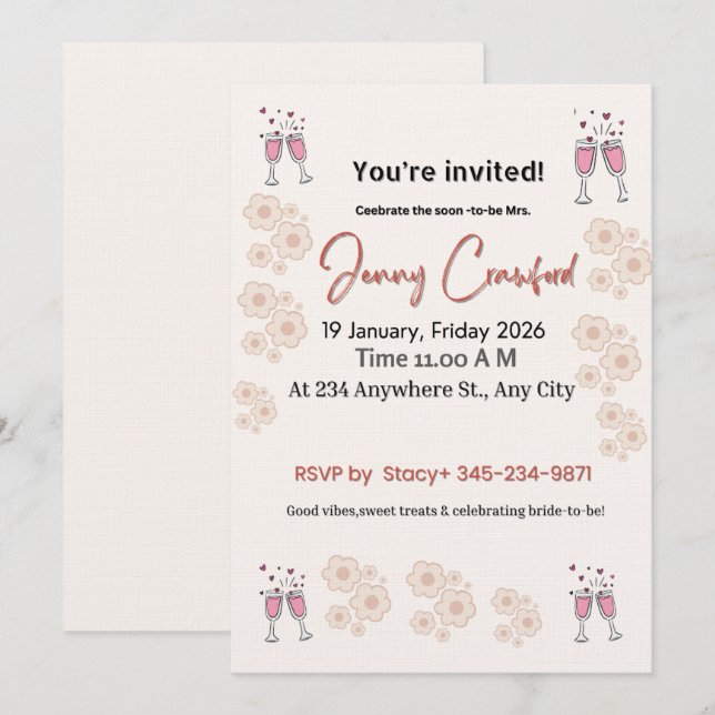 Invitación de Despedida de Soltera Elegante | Impr (Anverso / Reverso)