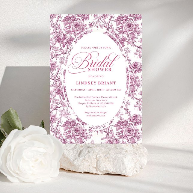 Invitación de Despedida de Soltera Elegante Rosas  (Elegant Dusty Pink Toile Roses Bridal Shower Invite)