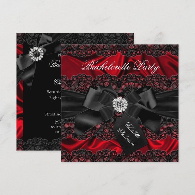 Invitación de despedida de soltera en negro y rojo (Anverso / Reverso)
