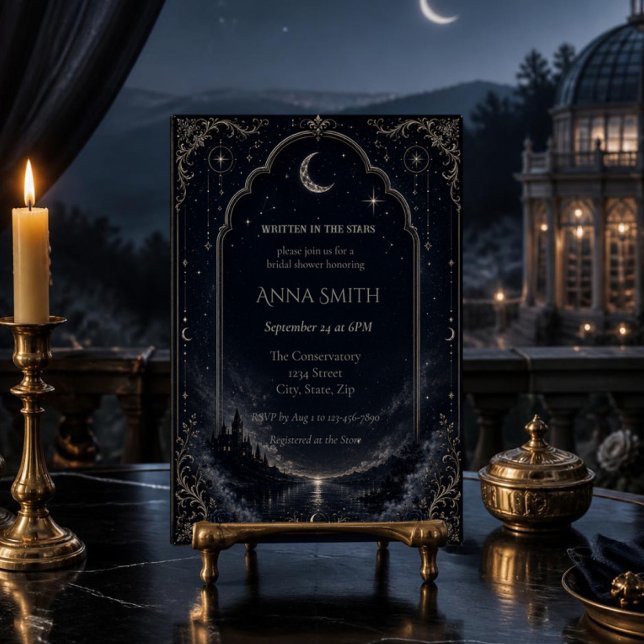 Invitación de Despedida de Soltera Escrita en las  (Elegant celestial bridal shower invitation with moon, stars & Art Deco style for a magical celebrati)