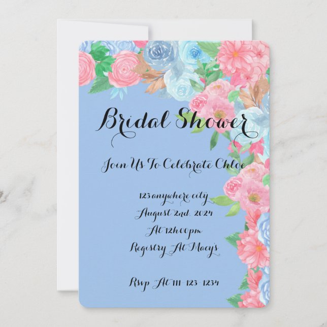 Invitación de despedida de soltera floral azul (Anverso)