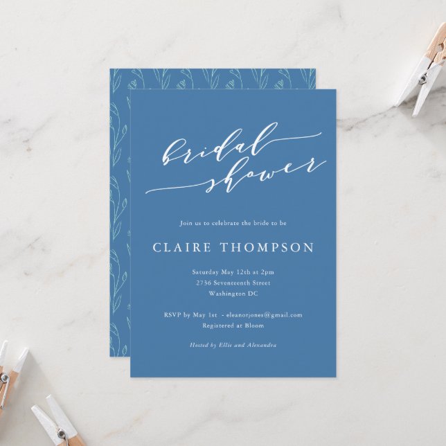Invitación de Despedida de Soltera Floral Azul Scr (Anverso/Reverso In Situ)