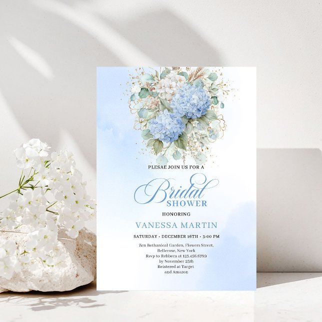 Invitación de Despedida de Soltera Floral Azul Sua (Soft Boho Blue Floral Bridal Shower Gold Invitation)