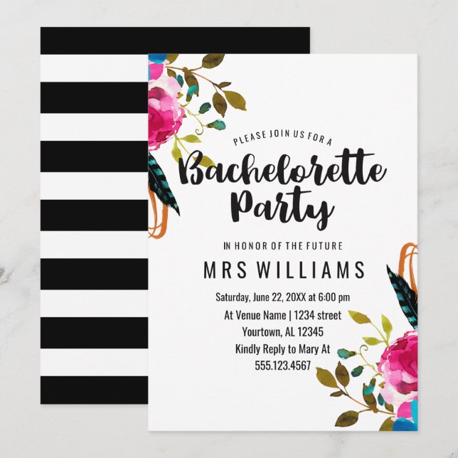 Invitación de despedida de soltera floral Boho Chi (Anverso / Reverso)