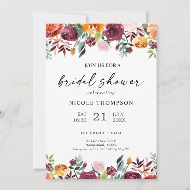 Invitación de Despedida de Soltera Floral Borgoña  (Anverso)