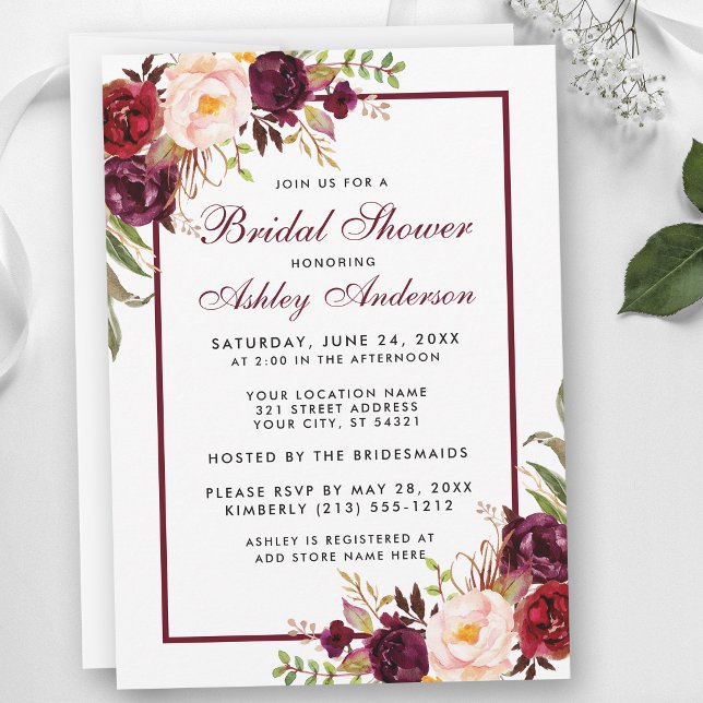 Invitación de Despedida de Soltera Floral Borgoña (Customize to change text size, text style or text color.)