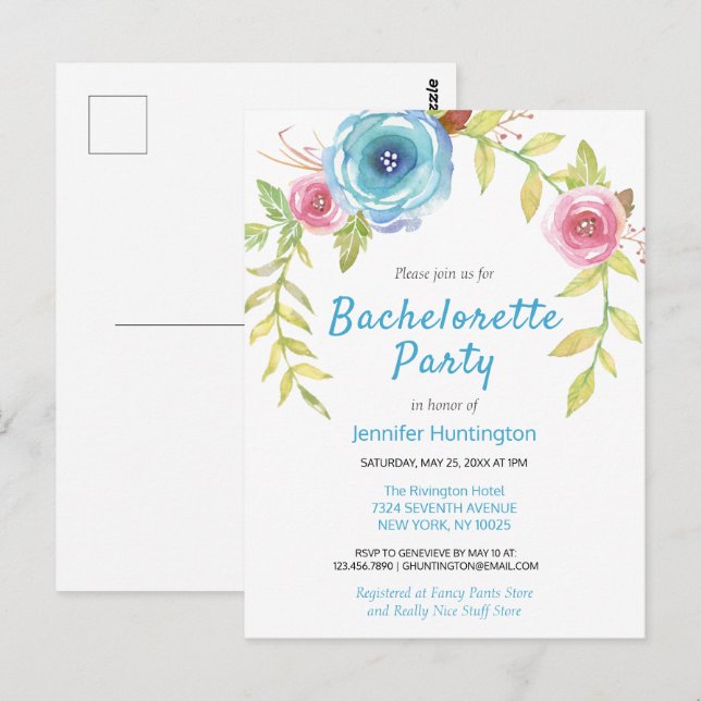 Invitación de despedida de soltera floral con acua (Anverso / Reverso)