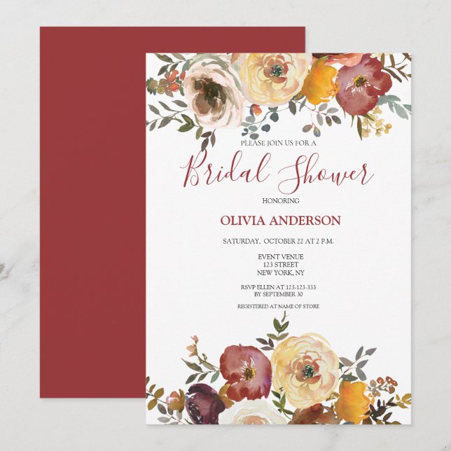 Invitación de Despedida de Soltera Floral de Otoño (Anverso / Reverso)