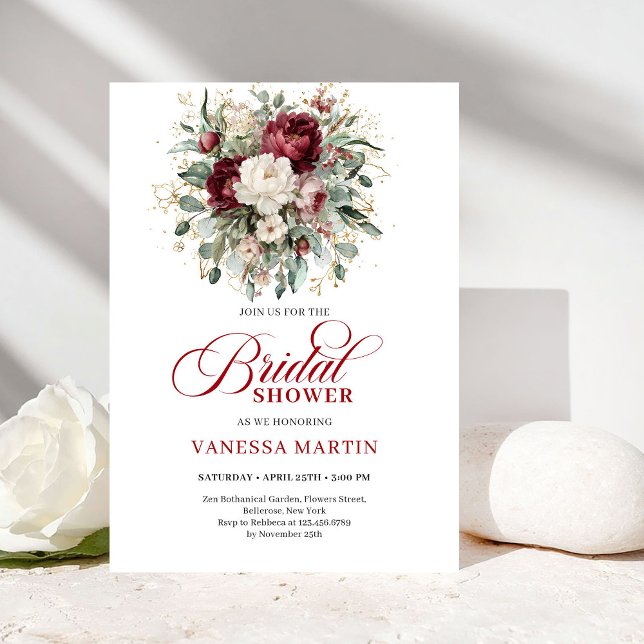 Invitación de Despedida de Soltera Floral Granate  (Refined Maroon Floral Gold Bridal Shower Invitation)