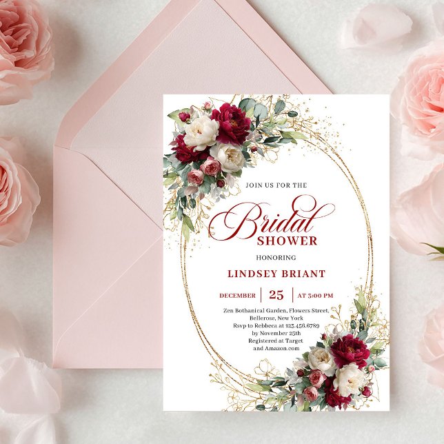 Invitación de Despedida de Soltera Floral Granate  (Timeless Maroon Floral Gold Bridal Shower Invitation)