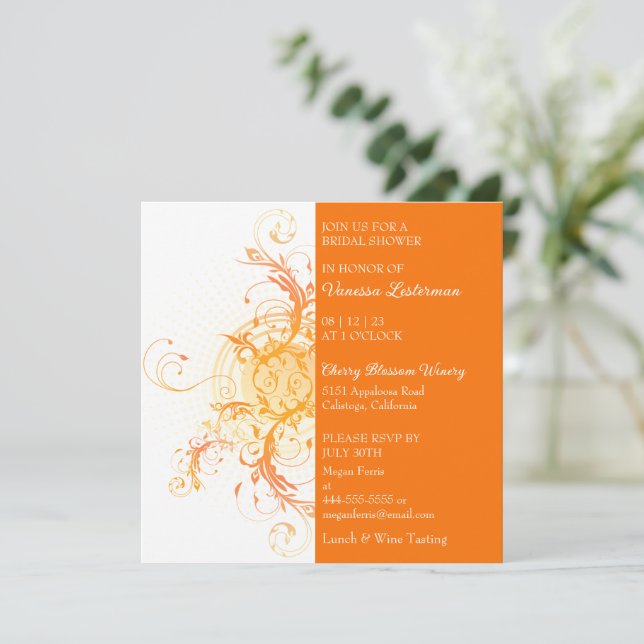 Invitación de Despedida de Soltera Floral Naranja  (Anverso de pie)