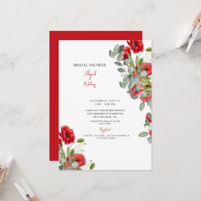 Invitación de Despedida de Soltera Floral Roja Euc (Anverso/Reverso In Situ)