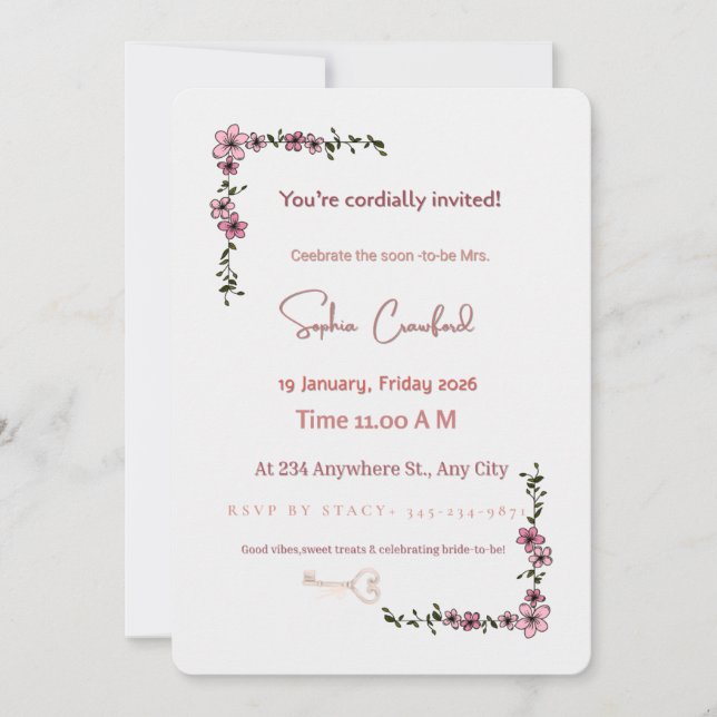 Invitación de Despedida de Soltera Floral Rosa Ele (Anverso)