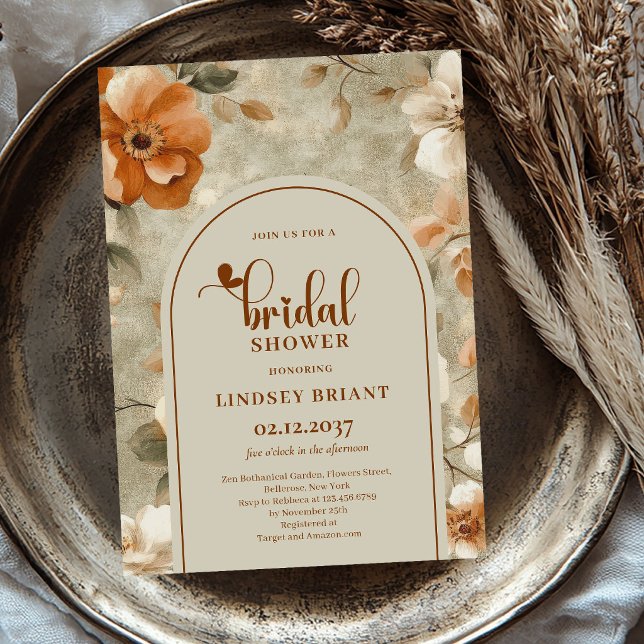 Invitación de Despedida de Soltera Floral Terracot (Autumn Terracotta Floral Bridal Shower Invitation)