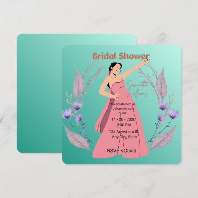 Invitación de Despedida de Soltera Floral Turquesa (Anverso / Reverso)