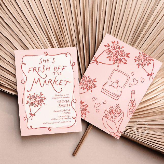 Invitación de Despedida de Soltera Fresh off the M (Fresh off the Market Bridal Shower Invitation Red )