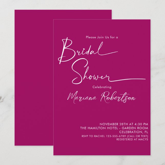 Invitación de Despedida de Soltera Magenta de Letr (Anverso / Reverso)