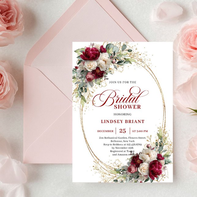 Invitación de Despedida de Soltera Merlot Sin Tiem (Timeless Merlot Rose Gold Bridal Shower Invitation)