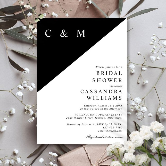 Invitación de Despedida de Soltera Minimalista Mon (Black And White Minimalist Monogram Bridal Shower Invitation)