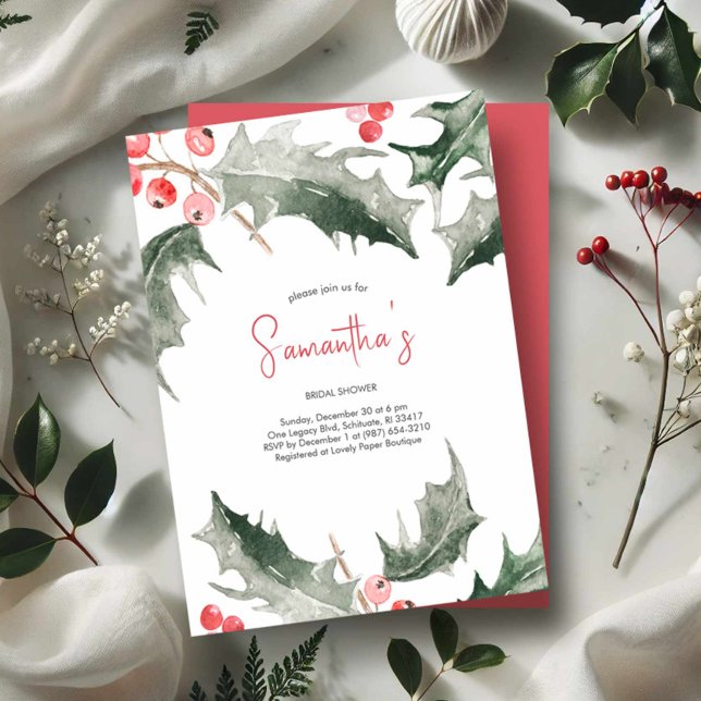 Invitación de Despedida de Soltera Navidad Waterco (Winter bridal shower invitations. Watercolor holly and berries in shades of red and green.)