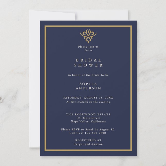 Invitación de Despedida de Soltera Old Money Navy  (Anverso)