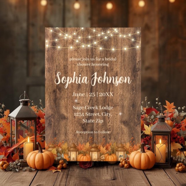 Invitación de Despedida de Soltera Otoño Rústico | (Rustic fall bridal shower invite with pumpkins, lanterns, string lights & cozy autumn wood backdrop.)