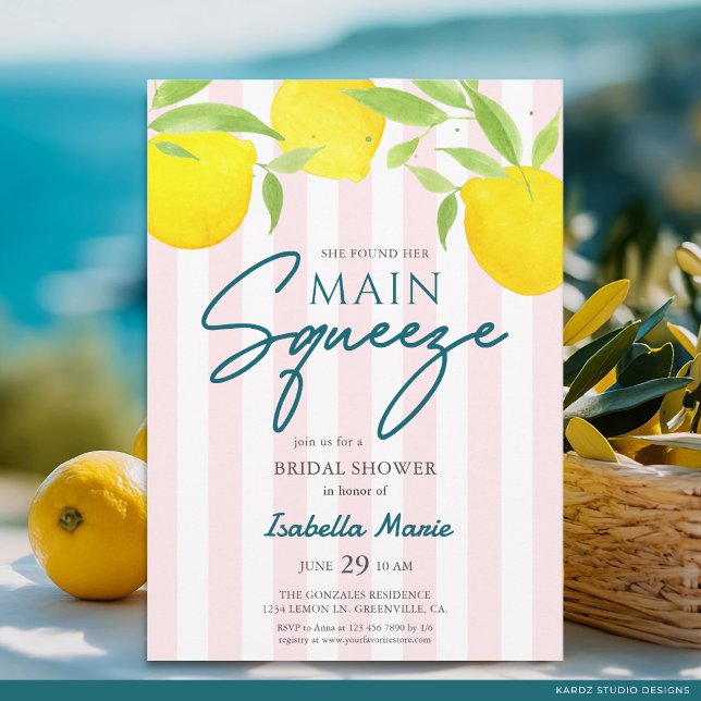 Invitación de Despedida de Soltera Pink Lemon Main (The front of the invitation is shown at a 5x7 inch. Choose size, paper, + corner style.)