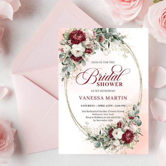 Invitación de Despedida de Soltera Romántica Burgu (Romantic Burgundy and Gold Bridal Shower Invitation)