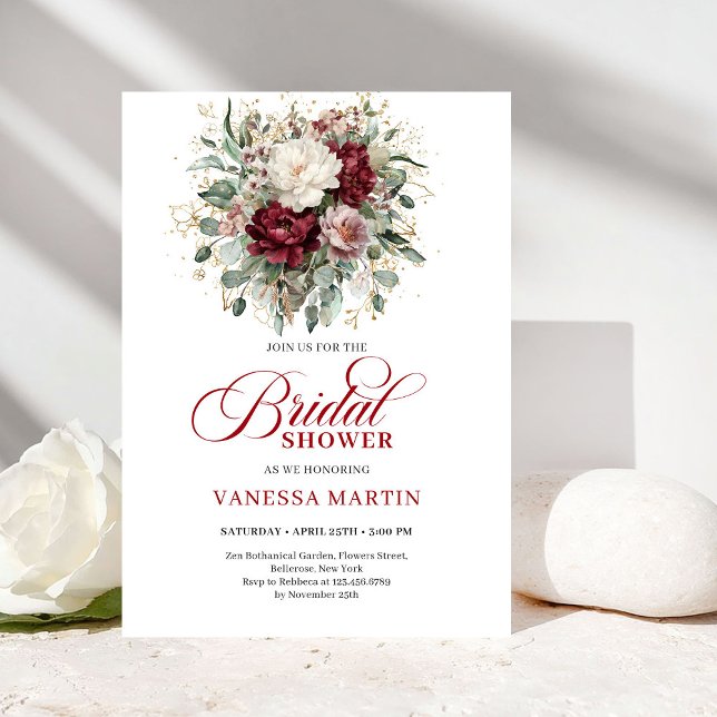 Invitación de Despedida de Soltera Romántica Marró (Romantic Maroon & Gold Bridal Shower Invitation)