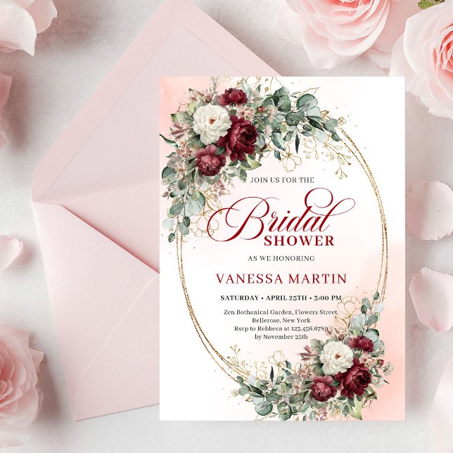 Invitación de Despedida de Soltera Romántica Marsa (Romantic Marsala Floral Gold Bridal Shower Invite

)