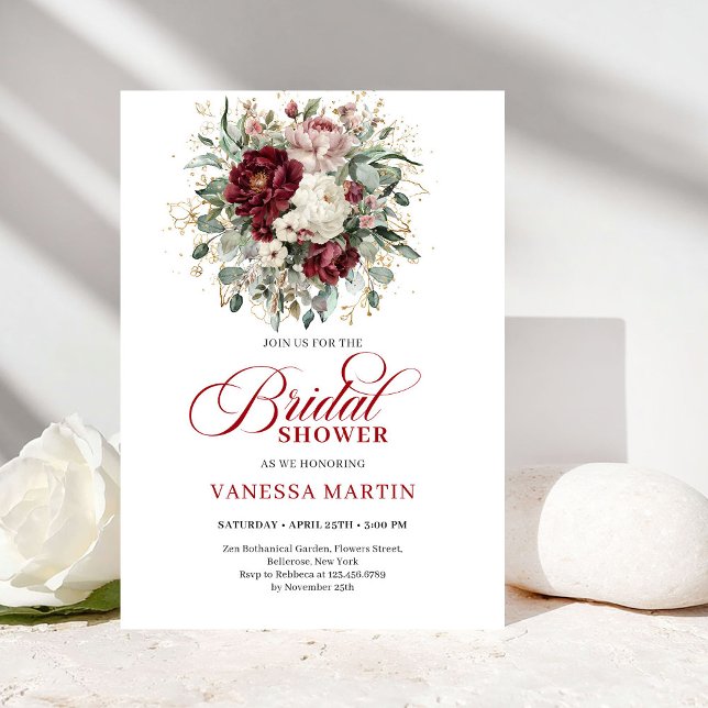 Invitación de Despedida de Soltera Romántica Marsa (Romantic Marsala & Gold Bridal Shower Invitation)