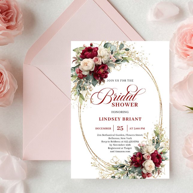 Invitación de Despedida de Soltera Romántica Marsa (Romantic Marsala Floral Gold Bridal Shower Invitation)