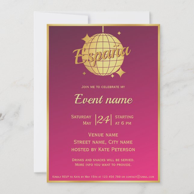 Invitación de despedida de soltera rosa fiesta Esp (Anverso)