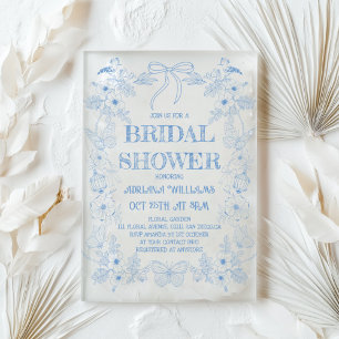 Invitación de Despedida de Soltera Toile Blue Bow