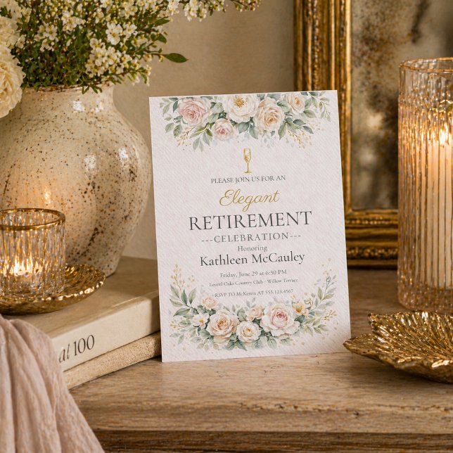 Invitación de despedida floral rosada (Blush floral farewell with champagne accents for a refined retirement dinner gathering)