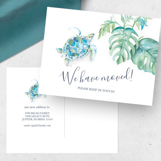 Invitación de desplazamiento botánico de la tortug (Change of address cards feature watercolor sea turtle and palm leaf art by Victoria Grigaliunas)