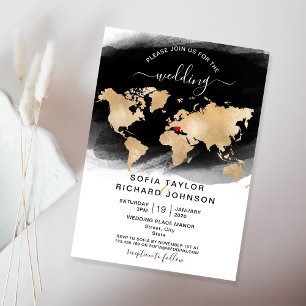Invitación de destino de boda mapa del mundo coraz