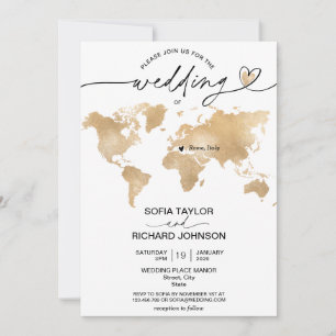 Invitación de destino de boda mapa del mundo de or