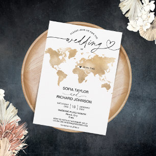 Invitación de destino de boda mapa del mundo de or