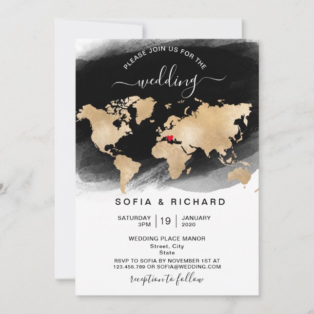 Invitación de destino de boda mapa del mundo de or (Anverso)