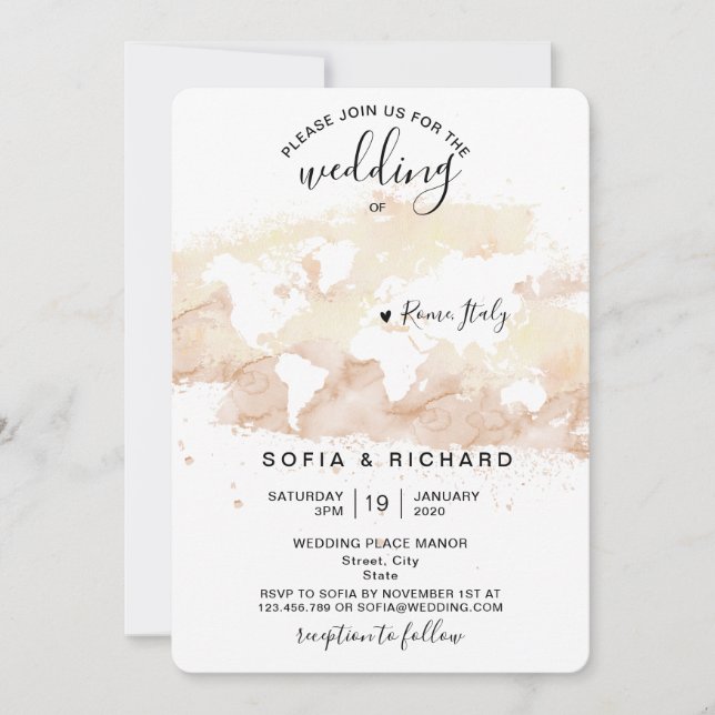 Invitación de destino de boda Mapa mundial acuarel (Anverso)