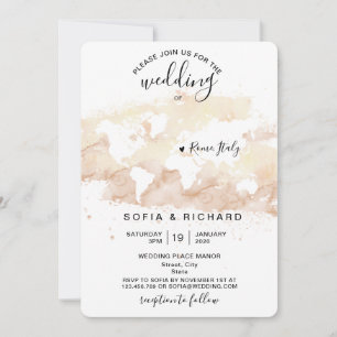 Invitación de destino de boda Mapa mundial acuarel